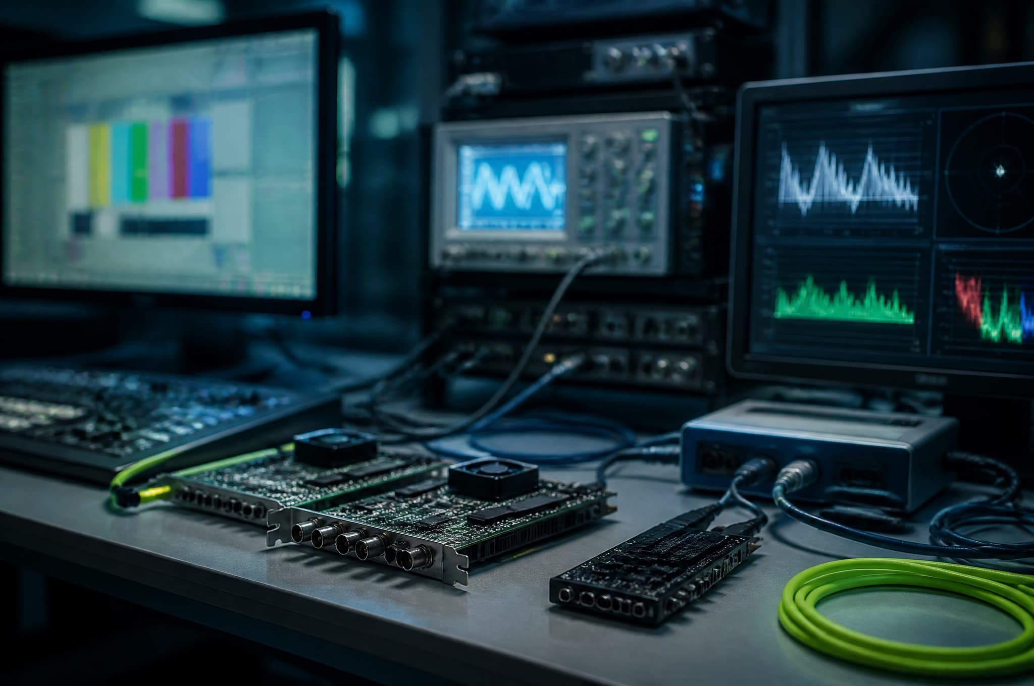 Engineer working beside a video capture development bench