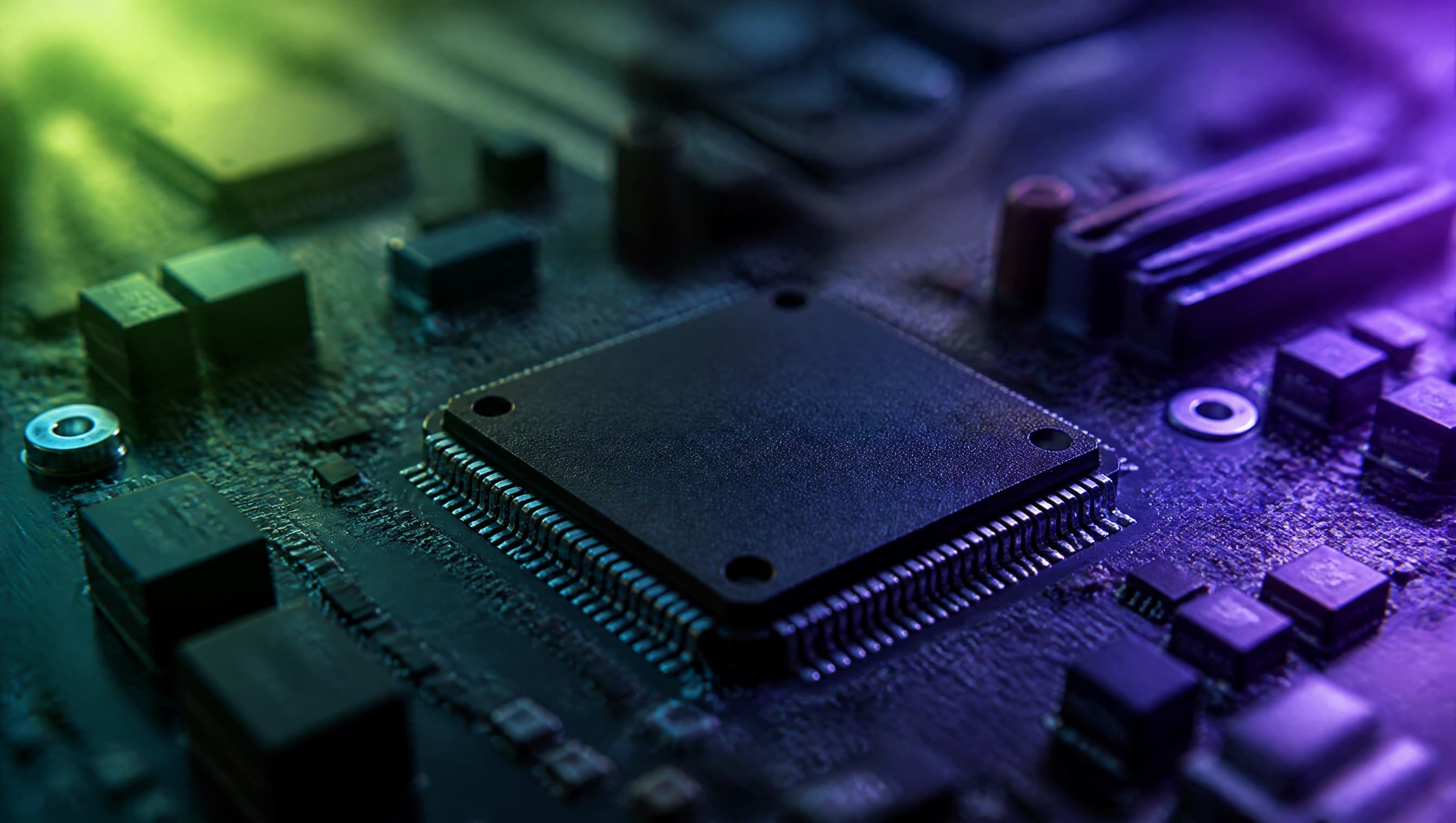 Macro of an edge-AI module circuit board under lime and violet studio lighting — generated illustrative artwork