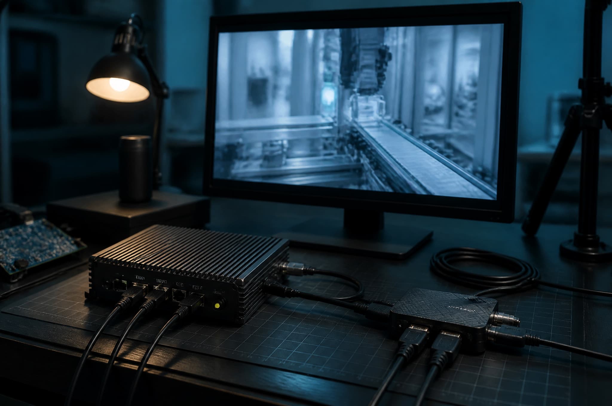 Engineering bench with a compact edge computer, capture card, and a monitor showing a live camera feed