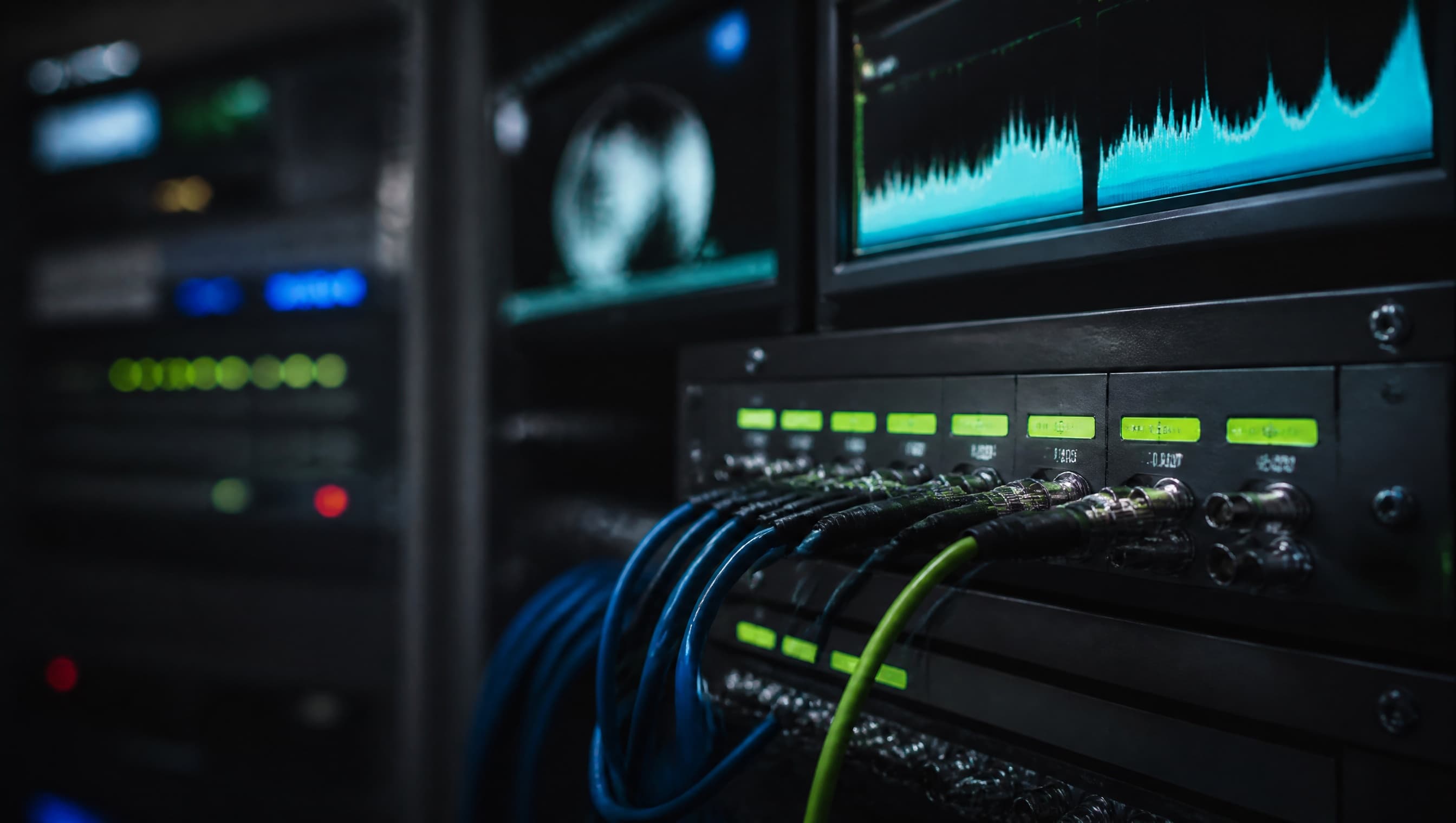 Illustrative broadcast machine room with patching and monitor displays