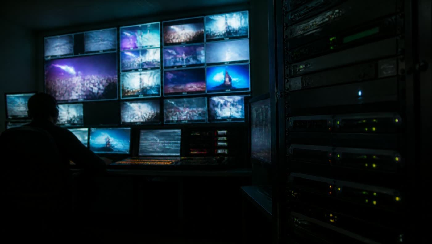 Illustrative live production control room with video displays