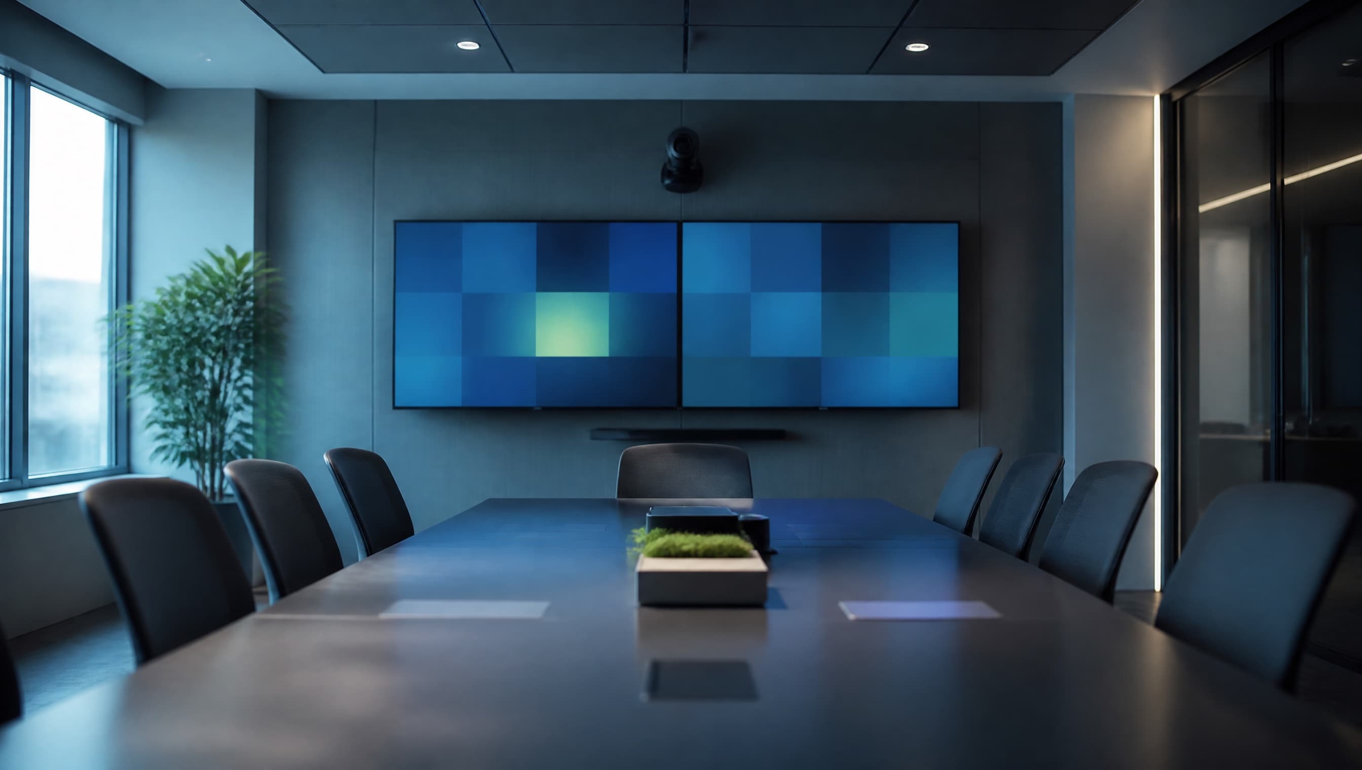 Illustrative conference room with a ceiling camera and dual displays