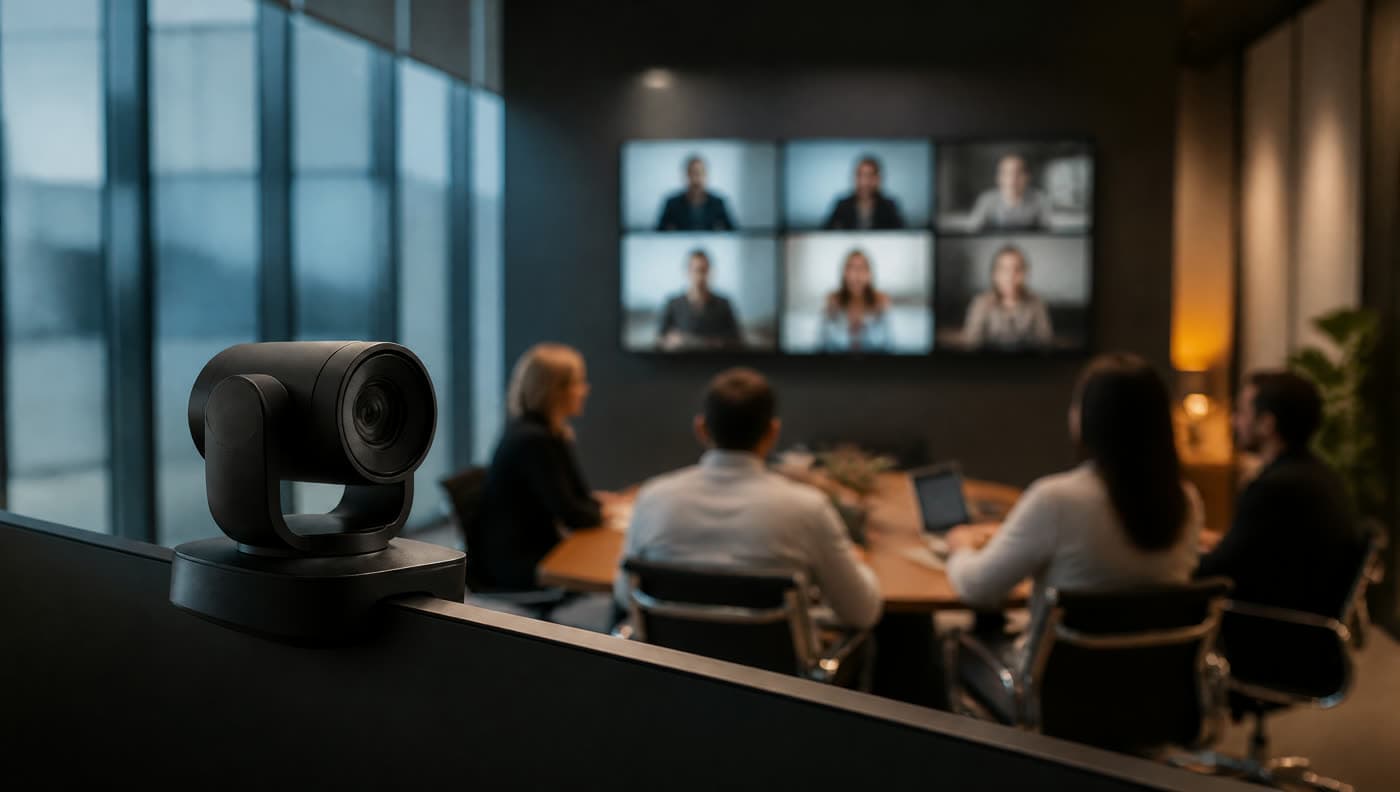 Illustrative conference room with cameras and wall displays