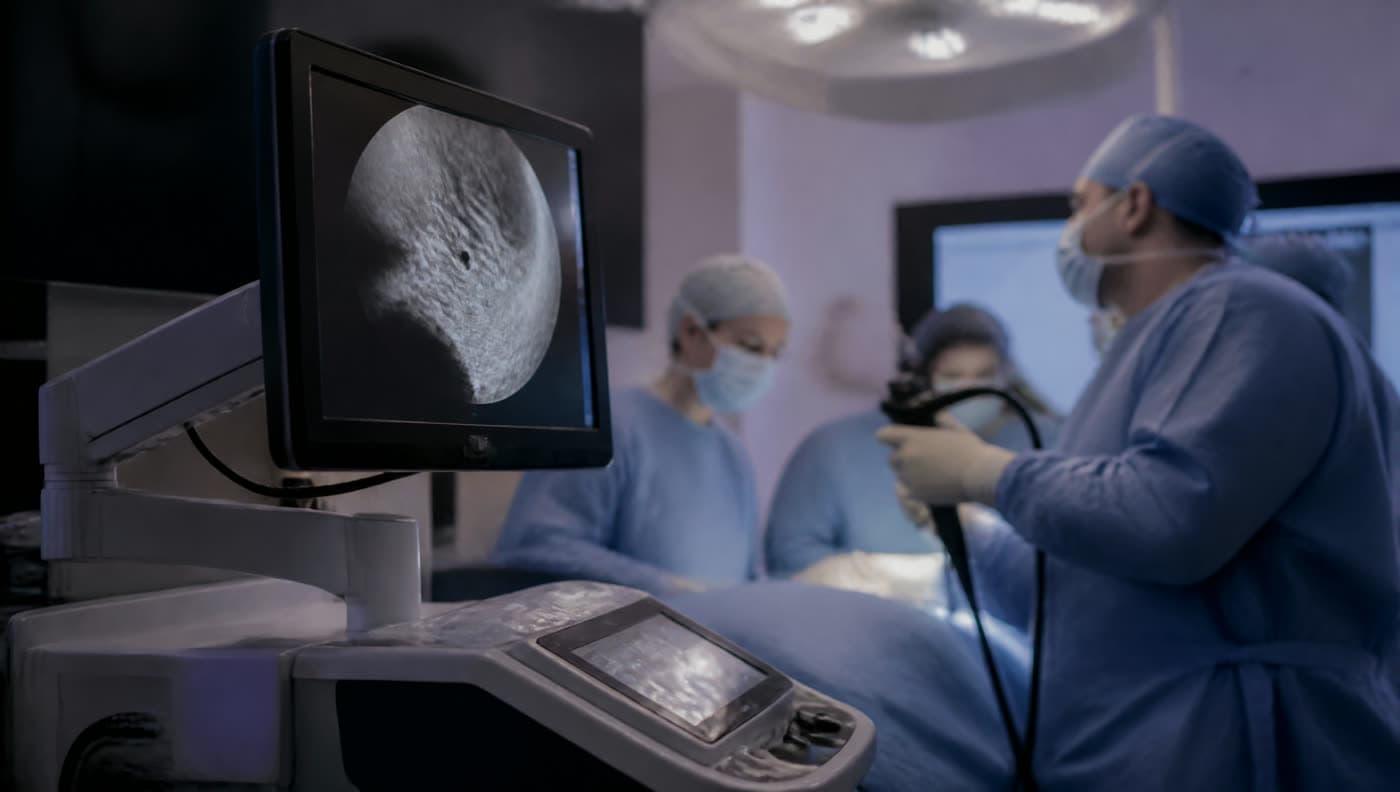 Illustrative clinical imaging room with procedure displays