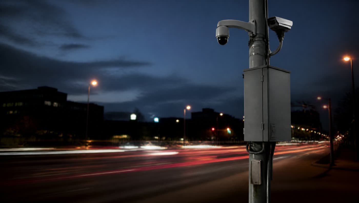 Illustrative roadside camera and edge cabinet at dusk